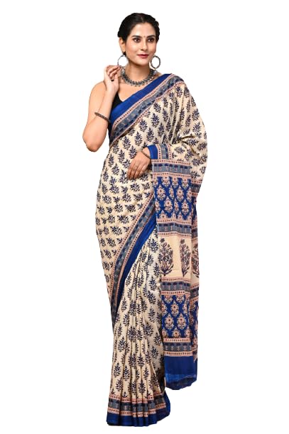 Jaipuria Hand Block Printed Pure Cotton Saree For Women With Unstitched Blouse Piece